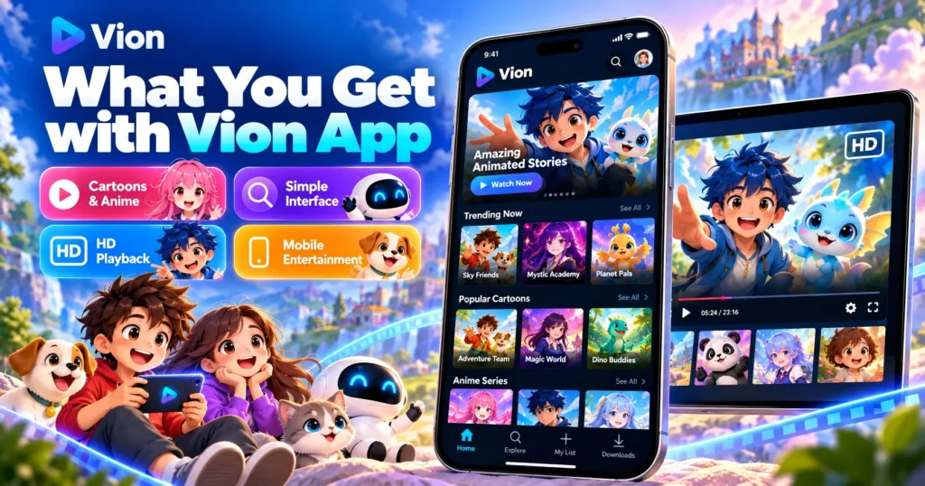Vion App download features including cartoons, anime, HD playback and simple mobile interface